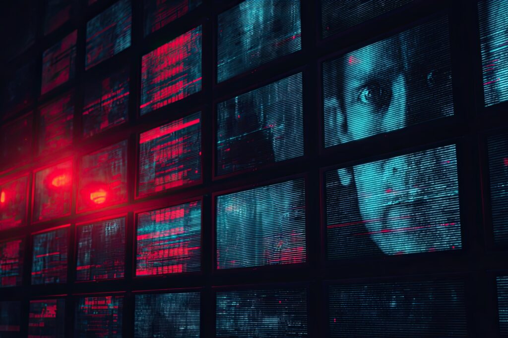監視モニターに映るディープフェイク人物 サイバー犯罪コンセプト